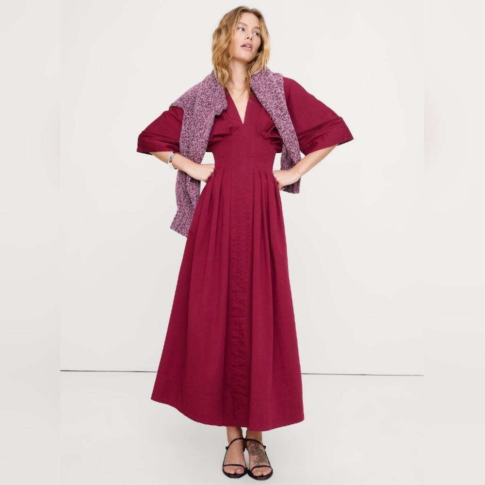 Banana Republic Stretch-Cotton Pleated Maxi Dress Red Plum NWT
